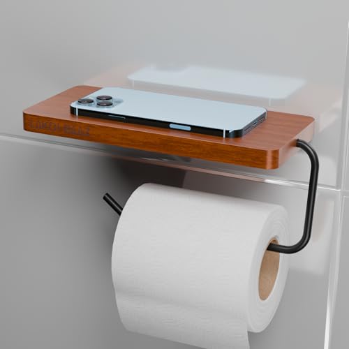 Image of Wooden Toilet Paper Holder with Phone Shelf for Bathroom - Matte Black Metal Tissue Roll Holder Wall Mount - Drill Only - Pack of 2 - Smartphone Shelf Organizer