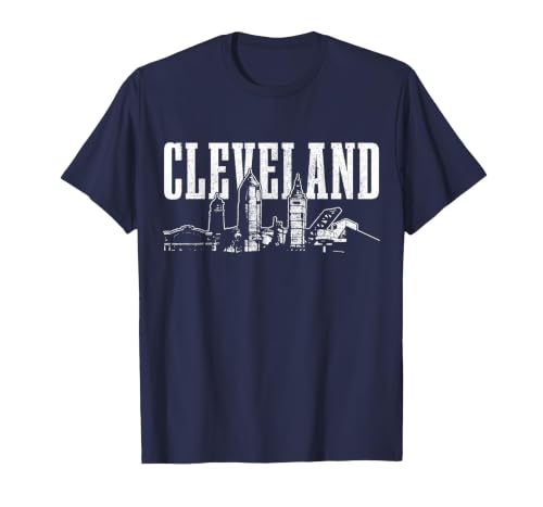 Cleveland Ohio Skyline Pride Vintage Cleveland T-Shirt, Men, Navy Blue, Small