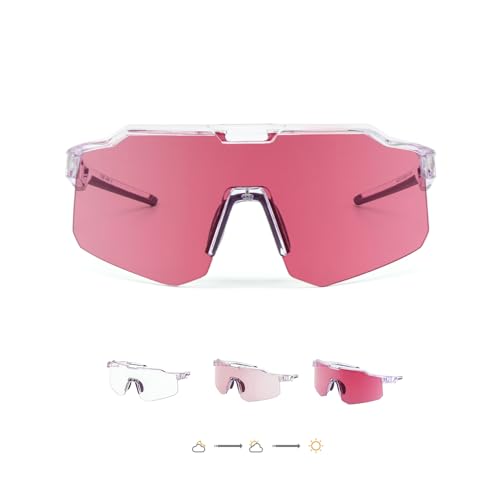 EnzoDate Photochromic Sports Sunglasses Vibrant Color Tinted Half-rim All-in-one Anti-UV Cylcing Goggles (Rose)