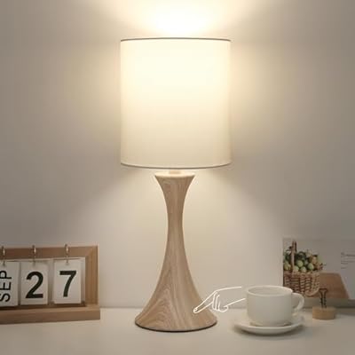 Bedside Touch Lamp, 3 Way Dimmable Touch Control Table Lamp, Wood Grain Farmhouse Table Lamp, Modern Nightstand Lamp with White Shade for Bedroom, Dorm, Office, 3000K LED Bulb Included