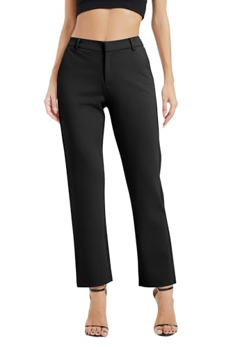 EXCHIC Damen Business Gerade Bein Elastischer Bund Anzug Hosen Casual Komfortabel Bootcut Freizeithose mit Taschen(L, Schwarz)
