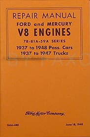 Staple Bound 1937-1948 Ford and Mercury V8 Engine Repair Shop Manual Reprint Book
