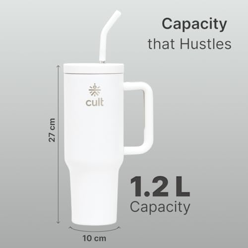 Image of Cult 1200ml Stainless Steel Insulated Tumbler with Handle, Straw & Cleaner Double Wall Vacuum Bottle for Hot & Cold Drinks Leakproof Travel Mug Reusable for Gym, Office & Travel