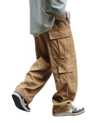 THWEI Mens Cargo Pants Drawstring Elastic Waist Casual Baggy Pant Streetwear Multi Pockets Khaki XL3