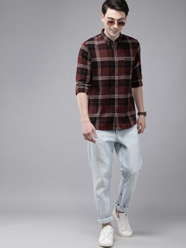 Image of THE BEAR HOUSE Men's Cotton Slim Brown Checks Casual Shirt | L |TBH-Walnut-BR-L |