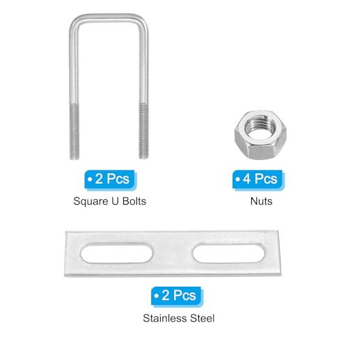 Image of PATIKIL M10x50x120mm Square U-Bolts Kit, 2Set 304 Stainless Steel Square U Shaped Bolts Replacement Parts with Frame Plates and Nuts for Ski Board Sailboat Trailer