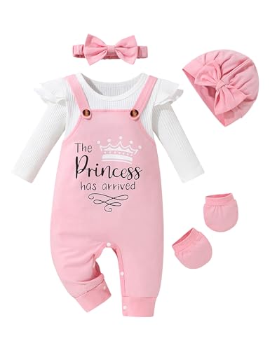 Image of Gaupafmb Baby Girl Clothes Patter&Letter Baby Girl Romper with Bow Hat&Headband and Gloves 4Pcs Baby Girl Coming Home Outfit