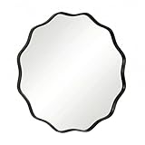 PERFNIQUE Runder Wandspiegel, gewellter Spiegel mit Holzrahmen, dekorativer Spiegel zum Aufhängen oder Anlehnen, Badspiegel, Flurspiegel, Wohnzimmer Spiegel, Naturholz Design (Schwarz, 60 cm)