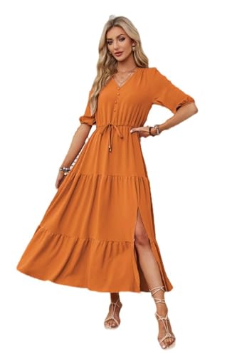 Vestido de Mujer de Manga Corta con Cuello en V, Botones y Dobladillo con cordón - Naranja - L