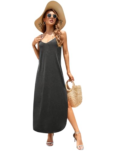 Image of HUSKARY Women's Summer Casual Sleeveless V Neck Strappy Split Loose Dress Beach Cover Up Long Cami Maxi Dresses with Pocket