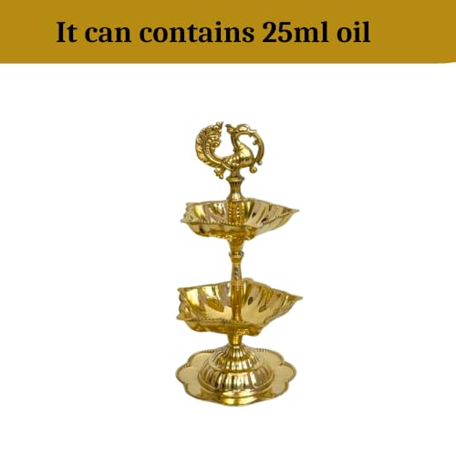 Image of Handcrafted Double Brass Diya with Peacock Design | Traditional Brass Oil Lamp for Puja, Temple & Home Decoration | Antique Finish Deepak for Festivals (Double Diya)