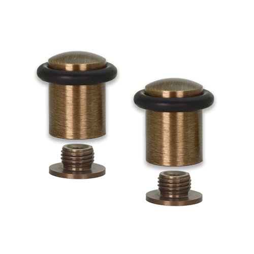 EVI Herrajes | Pack de 2 Topes de Puerta | Ø20 x 29mm | Base Roscada | Goma Negra de Silicona Natural | Latón Acabado Cuero Envejecido | Incluye Herramientas | I-138CBCU