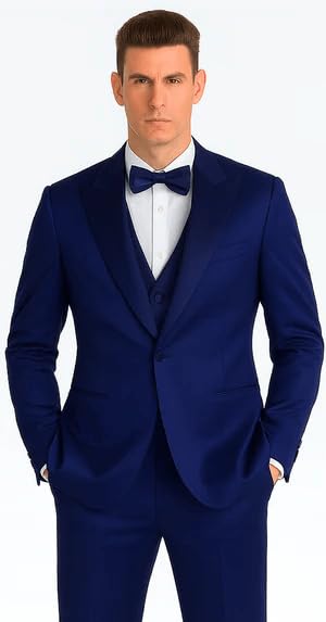 Tazzio Men's Formal Blue Satin 3 Piece Slim Fit Suit with Peak Lapel and Double Breasted Suit2