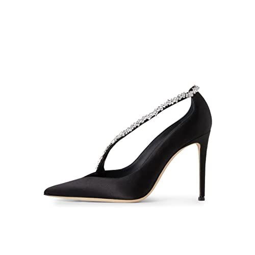 anteikira Women's Sexy Stiletto Heels Pumps Rhinestone Pointed Toe Satin Slip On Trendy Elegant 4 Inch High Wedding Bride Dress Shoes