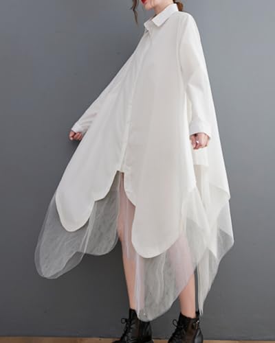 Image of ellazhu Women's Casual Solid Long Sleeve Irregular Tulle Shirt Dress GZ45