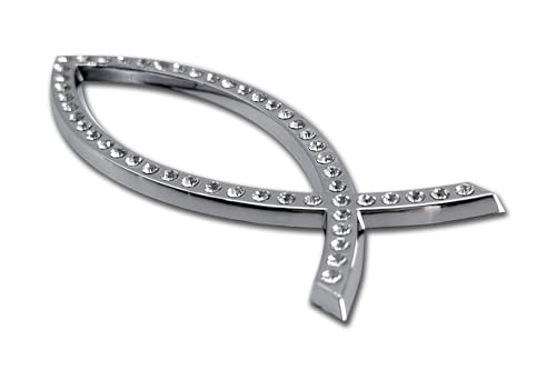 Image of Elektroplate Christian Fish with Crytals OEM Chrome Emblem for Cars, Trucks, and All Auto | Universal Fit at 4 inch x 1.4 inch | Weatherproof