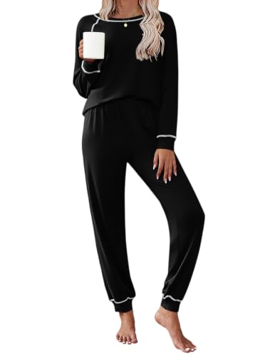Ekouaer Pajamas Set for Women Soft Comfy Pjs Jogger Lounge Sets,Black - image 1