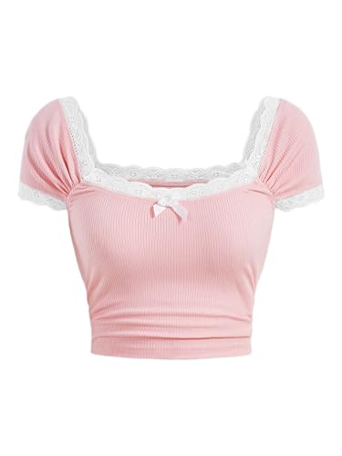 Girl's Lace Puff Short Sleeve Crop Tops Ribbed Knit Bowknot Square Neck T Shirt Cute Tops