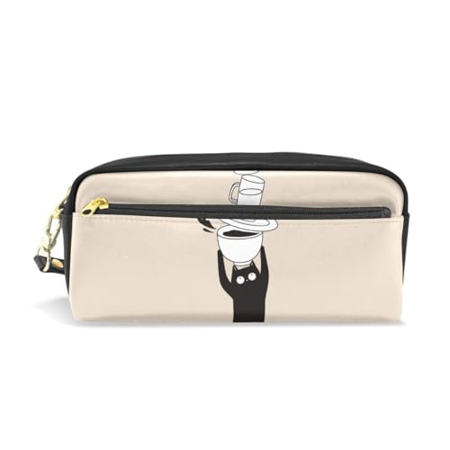 Akiraki ペンケース おしゃれ 高校生 筆箱 大容量 女の子 ふでばこ 中学生 小学生 ペンポーチ 化粧ポーチ 黒猫 コーヒー ブラウン ねこ 猫柄 PU レザー ポーチ ケース 文房具 文具 可愛い