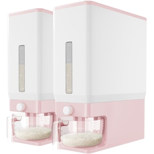 Lifewit 2 Pack Rice Dispenser 25 Lbs(11.3kg), Rice Storage Container Sealed Moisture Proof with Measuring Cup for Kitchen Pantry Household, BPA-Free, Pink