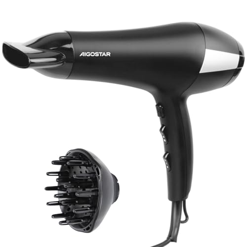 Aigostar 2400W Powerful Ionic Hair Dryer, Professional Negative Ions Hairdryer with Diffuser and Nozzle, 3 Heating, 2 Speeds and Cool Shot Button - Monique 32LNL