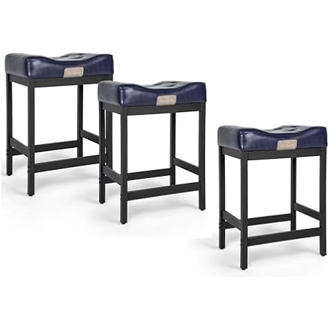 Arceisle Bar Stools Set of 3 - Modern 24" Counter Height Saddle Stools, Bar Stools for Kitchen Island, Upholstered Stylish Tufted Barstools, Sleek Blue Barstools with Metal Legs, Blue Cover