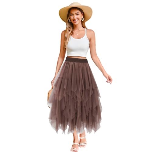Tulle Skirts for Women Layered Midi Length Elastic Waist Mesh Tutu Skirt Chic Asymmetrical Ruffled Mesh Skirt, Champagne2