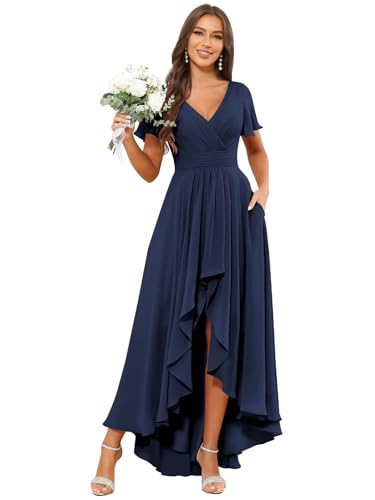 VCCICANY Short Sleeve Bridesmaid Dresses for Women Chiffon Ruffle High Low V Neck Formal Gown with Pockets