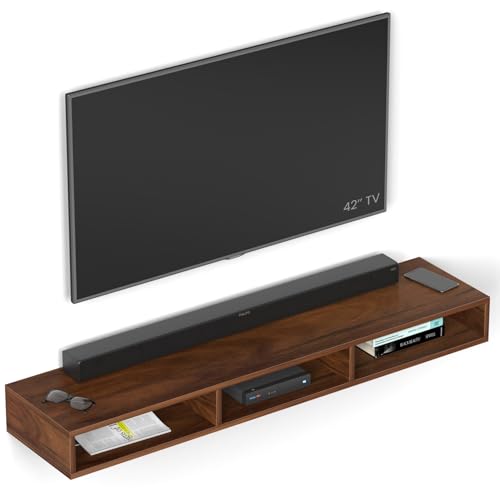 Image of BLUEWUD Primax Solo Standard Engineering Wood Wall Mount TV Entertainment Unit Set Top Box Stand /TV Cabinet Panel with Shelves for Books & Decor Display Unit, Ideal for 50 inch (Brown Maple)
