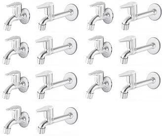 Spazio Stainless Steel Vignette Bib Cock with Long Body Combo Pack Foam Flow Water Taps with Wall Flange (Pack of 7) (Chrome Plated, Brass Disc)