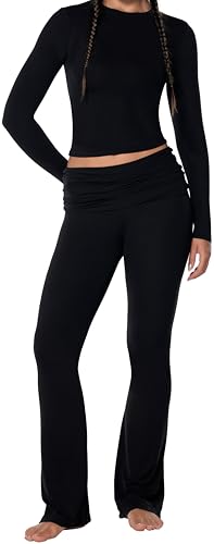 Sunzel Two Piece Sets for Women Long Sleeve Crop Top and Fold Over Flare Pant Casual Pajamas Outfits for Lounge