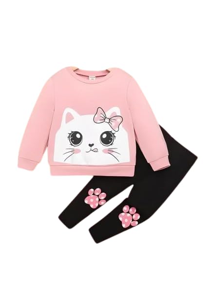 Kid Girls Cat Printed Pink Black Top & Bottom Clothing Set