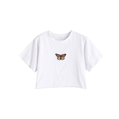 ZAFUL Women's Basic Crop Tops Short Sleeve Scoop Neck T Shirt (M, White-Butterfly Embroidered)
