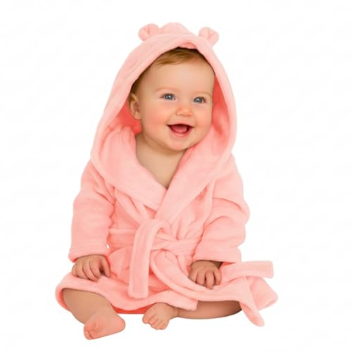 Dressing Gown for Baby Girl & Boy | Soft Plush Polyester Hooded Bathrobe for Babies & Toddlers | Kids Bath & Bedtime Robe, Ideal Baby Gift & Newborn Essential | Coral Pink 6-12 Months