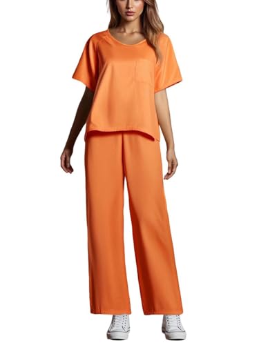 Edhomenn Women Halloween Orange Prisoner Costume Short Sleeve Tops Pants Set Jail Inmate Criminal Cosplay Costume (Yellow L)
