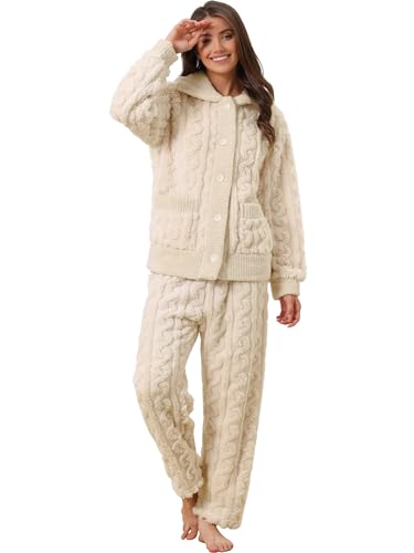 cheibear Pigiama da donna in morbido pile con tasche calde e bottoni a maniche lunghe, Beige, S