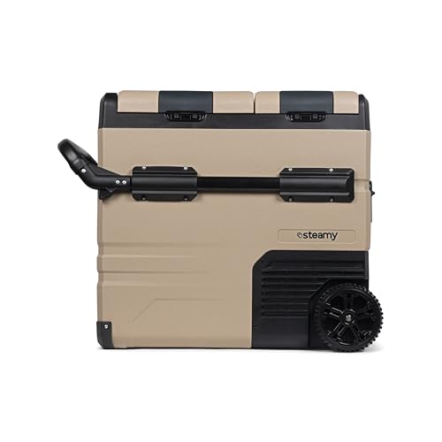 Steamy-E Dual Zone 55 Roller, Frigorifero Elettrico a Compressore con Ruote, 12/24V DC e 100-240V AC, per Congelare e Raffreddare da -20℃ a +20℃, Ideale per il Campeggio, 54 Litri, Color Sabbia