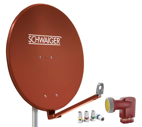 SCHWAIGER 4616 Installation Satellite Kit Satellite Parabole Quad LNB numérique 8X fiches F 7mm Antenne Sat en Aluminium Kit Complet Rouge Brique 88 x 88 cm