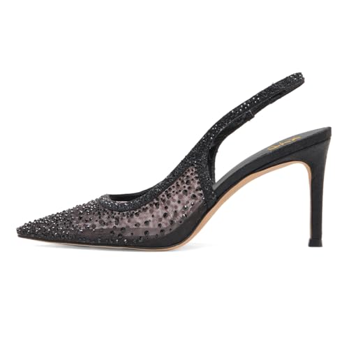 XYD Women Stiletto Slingback Heels Dazzled Rhinestones Studs Mesh Pumps Pointed Toe Bridal Prom Shoes