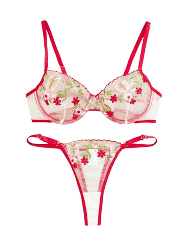 Image of Lilosy Sexy Floral Embroidered Mesh Sheer Underwire Push Up Lingerie Set Women See Through Bra and Panty 2 Piece Sun Floral Red Medium