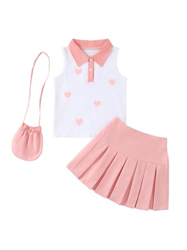 Image of Girls 2 Piece Outfit Preppy Strawberry Graphic Sleeveless Polo Shirt and Pleated Skirt Set with Crossbody Bag