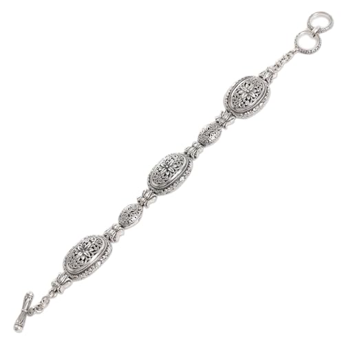 NOVICA Artisan Handmade Sterling Silver Link Bracelet with Floral Motif Indonesia [1.4 in L x 0.6 in W x 0.2 in D] ' Lotus Chain'3