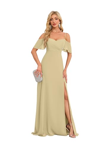 Image of Off The Shoulder Bridesmaid Dresses with Slit Long Chiffon Evening Gowns Champagne Formal Evening Dresses Plus Size US20W HGR93