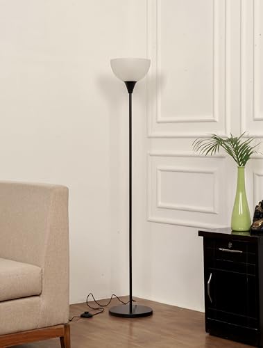 Image of Divine Trends Uplighter Black Polished Floor Lamp for Living Room with Frosted Glass Lampshade | Includes LED Warm Bulb | Hidden Wire Design | Uplight Corner Standing Lamp for Home | Pack of 1