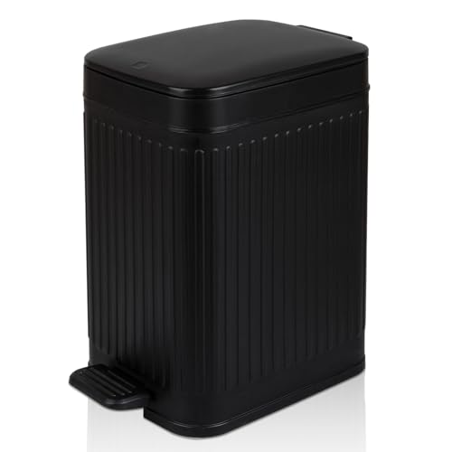 Image of rejomiik Small Bathroom Trash Can with Lid Slim Soft Close Garbage Can Step Wastebasket Container Trash Bin for Office Bedroom Kitchen Living Room (1.9 Gallon Black)