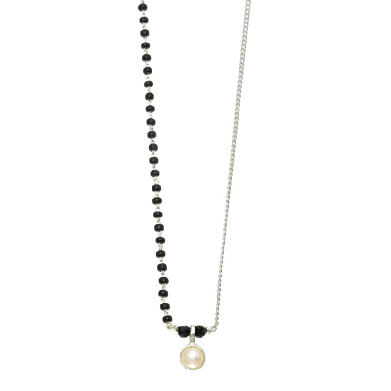 Image of 92.5 Silver Mangalsutra for Women | Handmade Half & Half Pearl Drop Silver Mangalsutra Made in with Black Beads | Silver Gift for Women