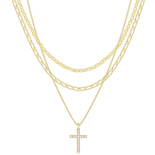 Pancert Cross Necklace for Women,Stackable Stacked Stacking Layering Layered Necklaces Dainty Gold Necklace Paperclip Box Flat Mariner Chain Necklace Cross Pendant CZ Diamond Simple Jewelry Gift