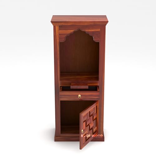 Image of Solid Wood Premium Sheesham Wood Temple Niwar Big Size 5 Feet with Door Storage Cabinet | Wooden Mandir for Pooja Room Home | Honey Finish | Mandir for Home Niwar (Honey Finish 1)