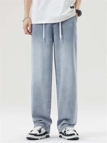 Hndudnff Men's Summer Thin Elastic Waist Jeans Loose Straight Elastic Drawstring Wide Leg Denim Long Pants 5