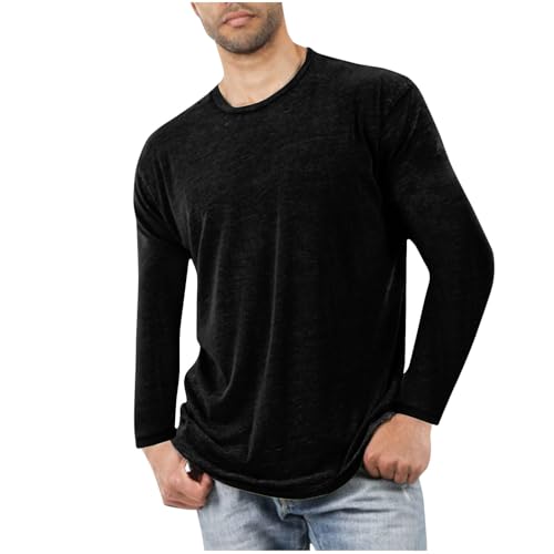 Mens Long Sleeve Pajama Shirt Crew Neck Plain T-Shirt Fall Fashion Soft Comfort Pullover Loose Fit Lightweight Blouse